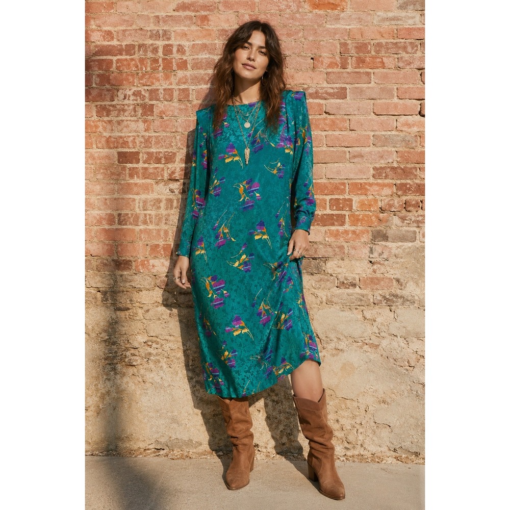 Vintage Sears Teal Floral Jacquard Shift Dress Pleated Shoulder XL